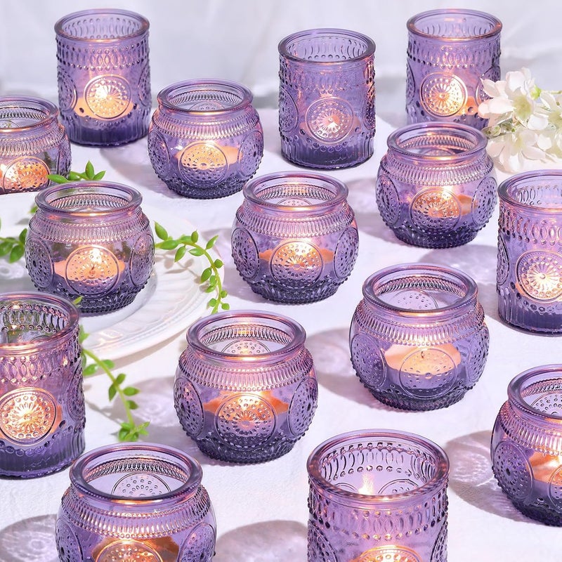 Devi 30pcs Assorted Purple Votive Candle Holders for Wedding Decorations, Boho Glass TeaLight Candle Holder, Wedding Table Centerpieces, Bridal Shower Decorations, Retro Purple Party Decor, Party Favors - Image 1