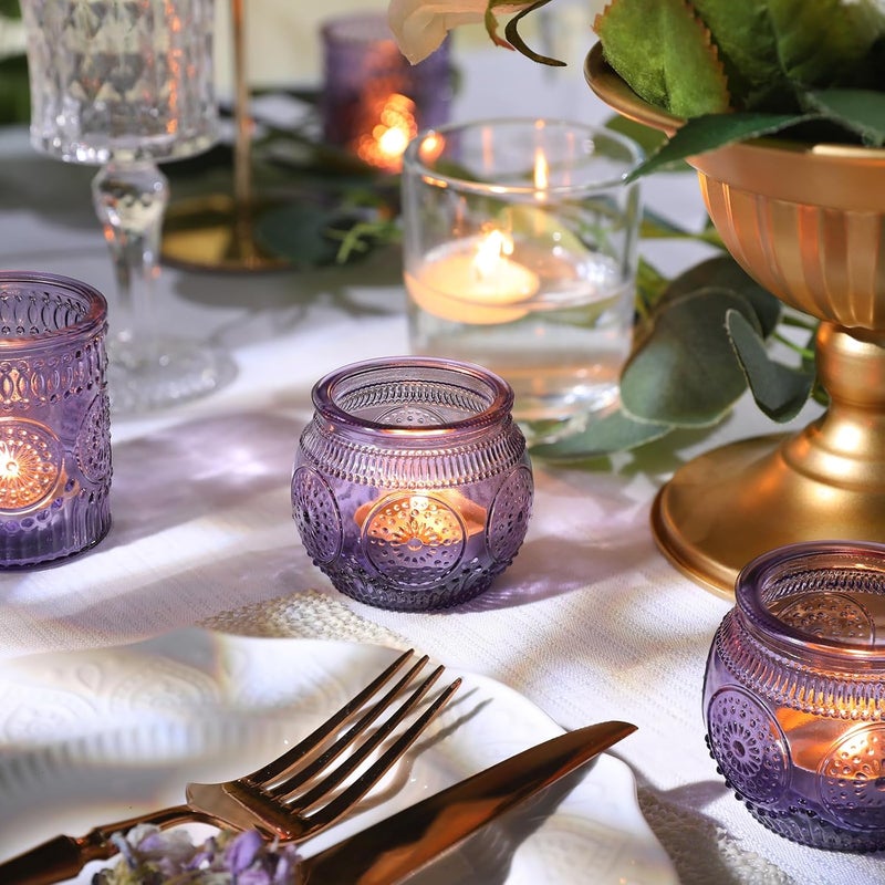 Devi 30pcs Assorted Purple Votive Candle Holders for Wedding Decorations, Boho Glass TeaLight Candle Holder, Wedding Table Centerpieces, Bridal Shower Decorations, Retro Purple Party Decor, Party Favors - Image 3
