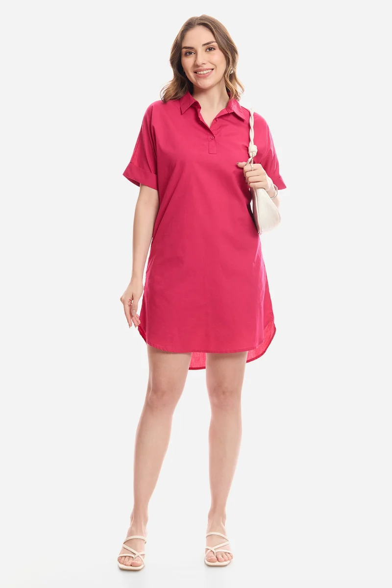 فيرجيو Solid Cotton Curved Hem Relaxed Fit Dress for Women