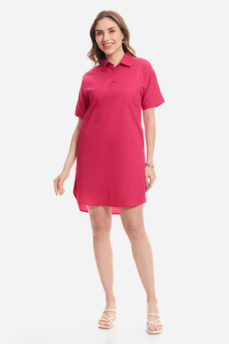 فيرجيو Solid Cotton Curved Hem Relaxed Fit Dress for Women