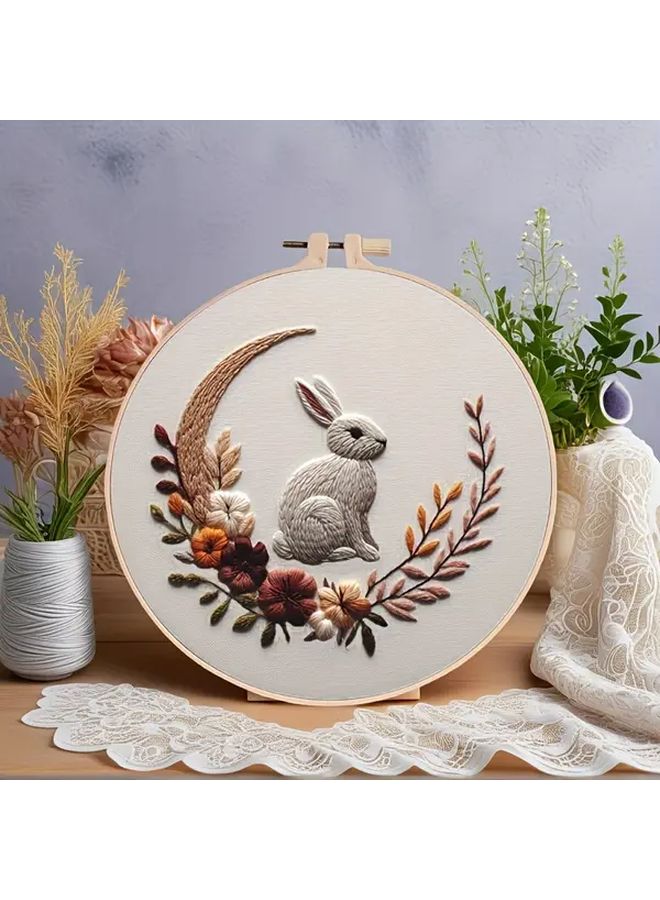 Embroidery Set DIY Sunflower Moon Rabbit Craft Kit Flowers 20cm Hoop Gift - Image 4
