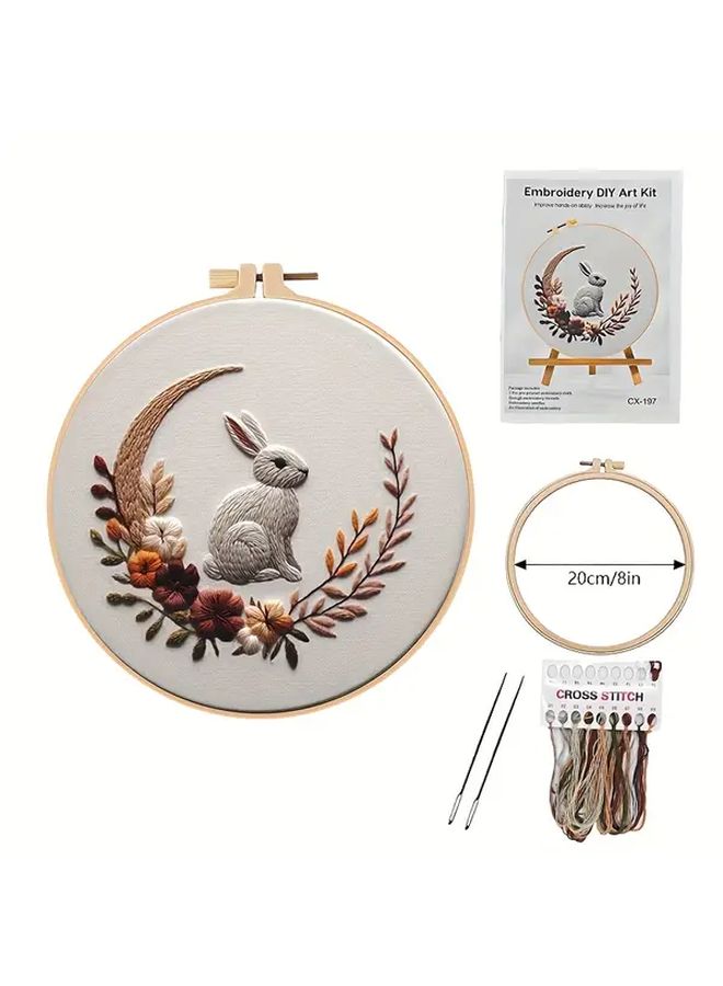 Embroidery Set DIY Sunflower Moon Rabbit Craft Kit Flowers 20cm Hoop Gift - Image 3
