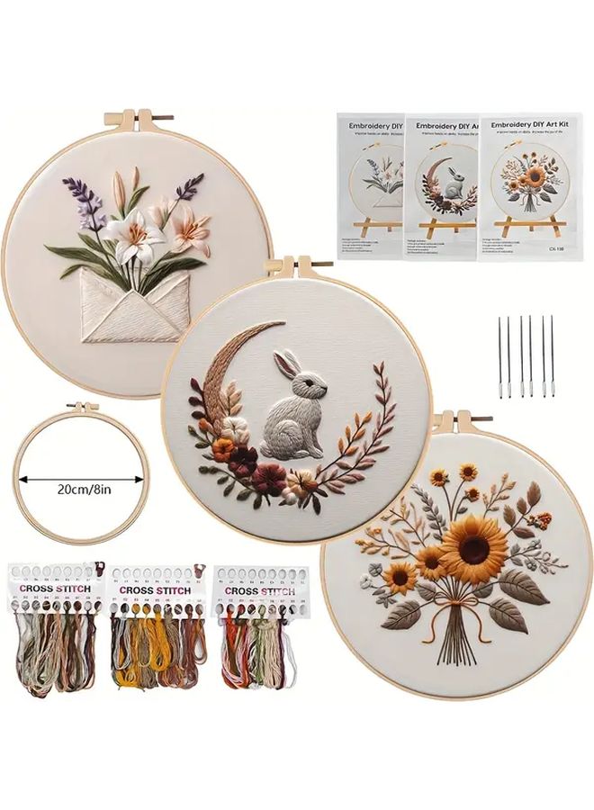 Embroidery Set DIY Sunflower Moon Rabbit Craft Kit Flowers 20cm Hoop Gift - Image 1