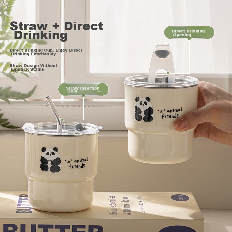 Guangyi 304 Stainless Steel Coffee Mug, Cute Panda Design, Portable Large Capacity Cup with Straw And Stickers GY7371 - Image 3