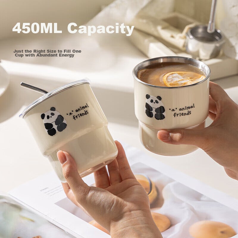 Guangyi 304 Stainless Steel Coffee Mug, Cute Panda Design, Portable Large Capacity Cup with Straw And Stickers GY7371 - Image 4