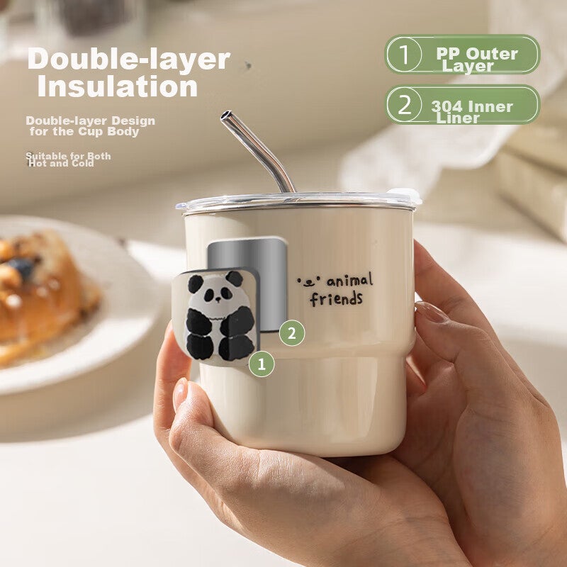 Guangyi 304 Stainless Steel Coffee Mug, Cute Panda Design, Portable Large Capacity Cup with Straw And Stickers GY7371 - Image 2