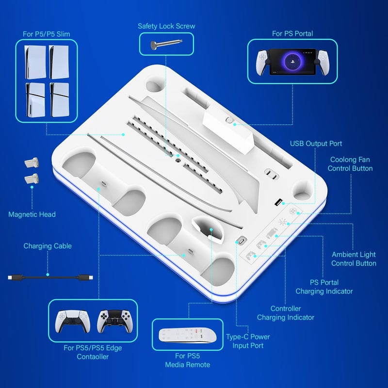 حامل ومحطة تبريد لـ PS5/PS5 Slim من مع إضاءة RGB ومروحة تبريد ثلاثية المستويات، وقاعدة شحن لوحدة تحكم PS5 Edge وPS Portal، وحاملات لجهاز التحكم عن بعد وسماعات الرأس، إكسسوارات PS5/PS5 Slim - Image 5