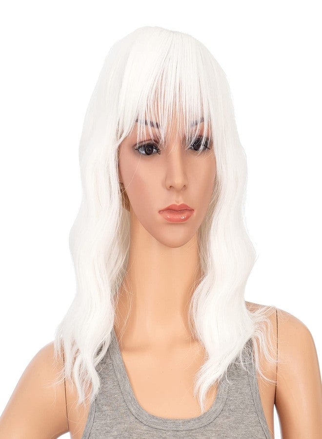 SWACC Short Curly Wavy Bob Wig with Bangs Synthetic Medium Shoulder Length Hair Wig for Women with Wig Cap (White) - Image 2