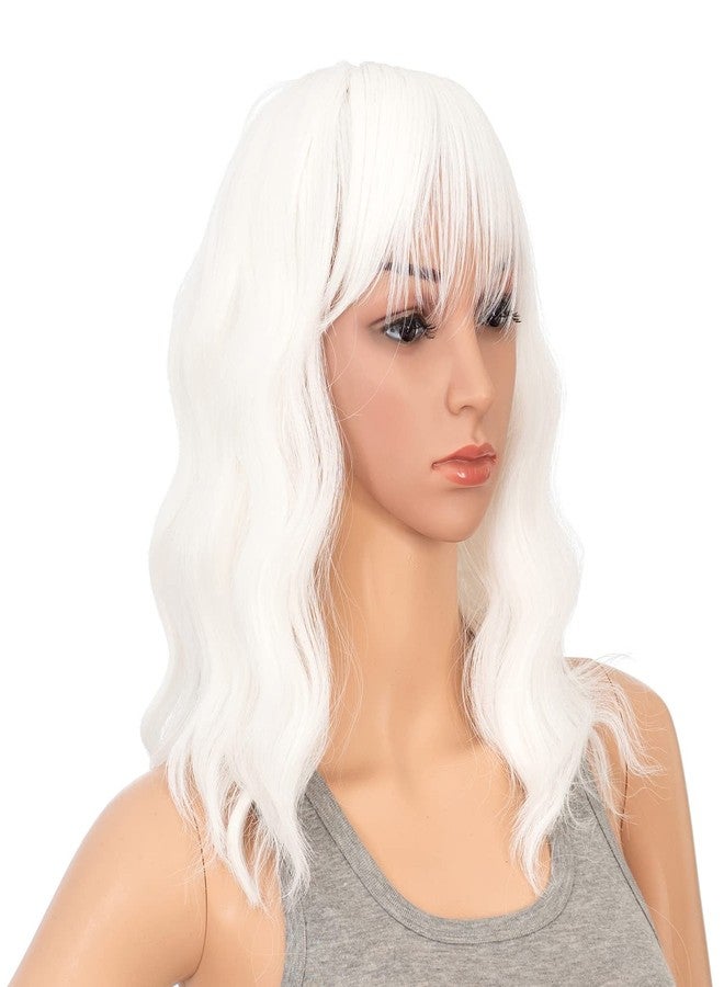 SWACC Short Curly Wavy Bob Wig with Bangs Synthetic Medium Shoulder Length Hair Wig for Women with Wig Cap (White) - Image 1