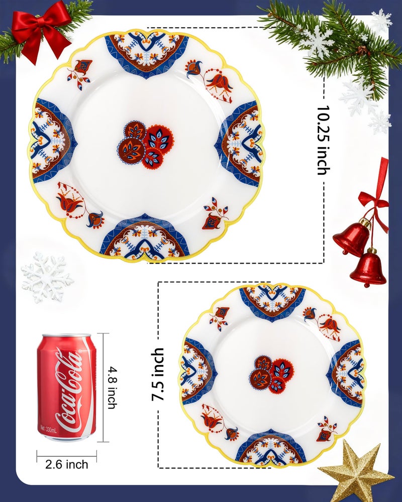 Morejoy 60pcs Plastic Disposable Plates Set - White Plastic Plates Featuring Classic Blue and Russet Floral Design With Gradient Gold Rim, 10.25 Dinner & 7.5 Dessert Plates for Wedding & Party - Image 2
