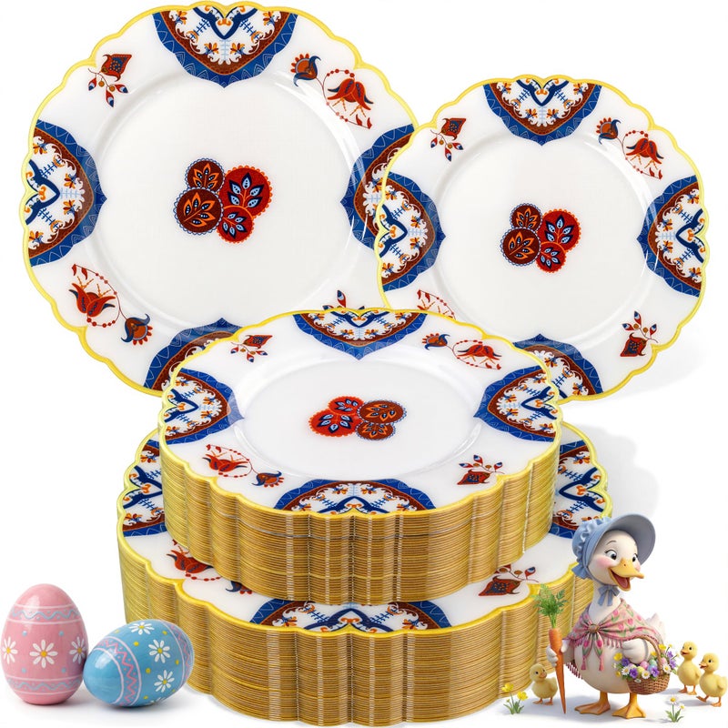 Morejoy 60pcs Plastic Disposable Plates Set - White Plastic Plates Featuring Classic Blue and Russet Floral Design With Gradient Gold Rim, 10.25 Dinner & 7.5 Dessert Plates for Wedding & Party - Image 1