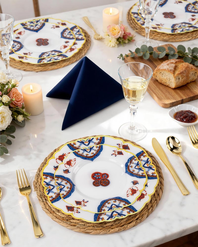 Morejoy 60pcs Plastic Disposable Plates Set - White Plastic Plates Featuring Classic Blue and Russet Floral Design With Gradient Gold Rim, 10.25 Dinner & 7.5 Dessert Plates for Wedding & Party - Image 5