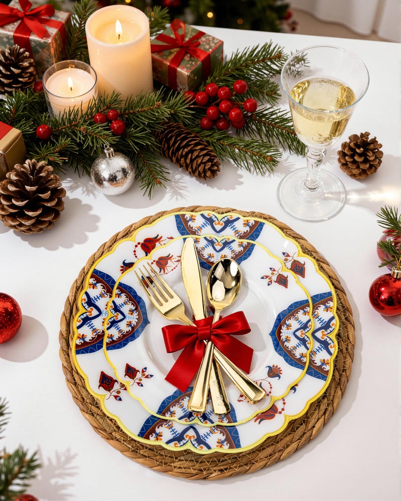 Morejoy 60pcs Plastic Disposable Plates Set - White Plastic Plates Featuring Classic Blue and Russet Floral Design With Gradient Gold Rim, 10.25 Dinner & 7.5 Dessert Plates for Wedding & Party - Image 4