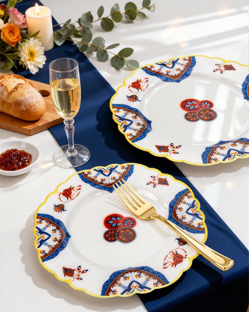 Morejoy 60pcs Plastic Disposable Plates Set - White Plastic Plates Featuring Classic Blue and Russet Floral Design With Gradient Gold Rim, 10.25 Dinner & 7.5 Dessert Plates for Wedding & Party - Image 3