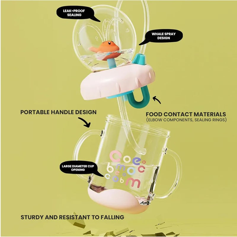 Kidology كوب ماء بلاستيكي على شكل حوت برش مع مقبض - كوب خالي من BPA للأطفال للسفر مع قشة، تصميم مقاوم للتسرب، كوب مثالي للأطفال (وردي فاتح) - Image 5