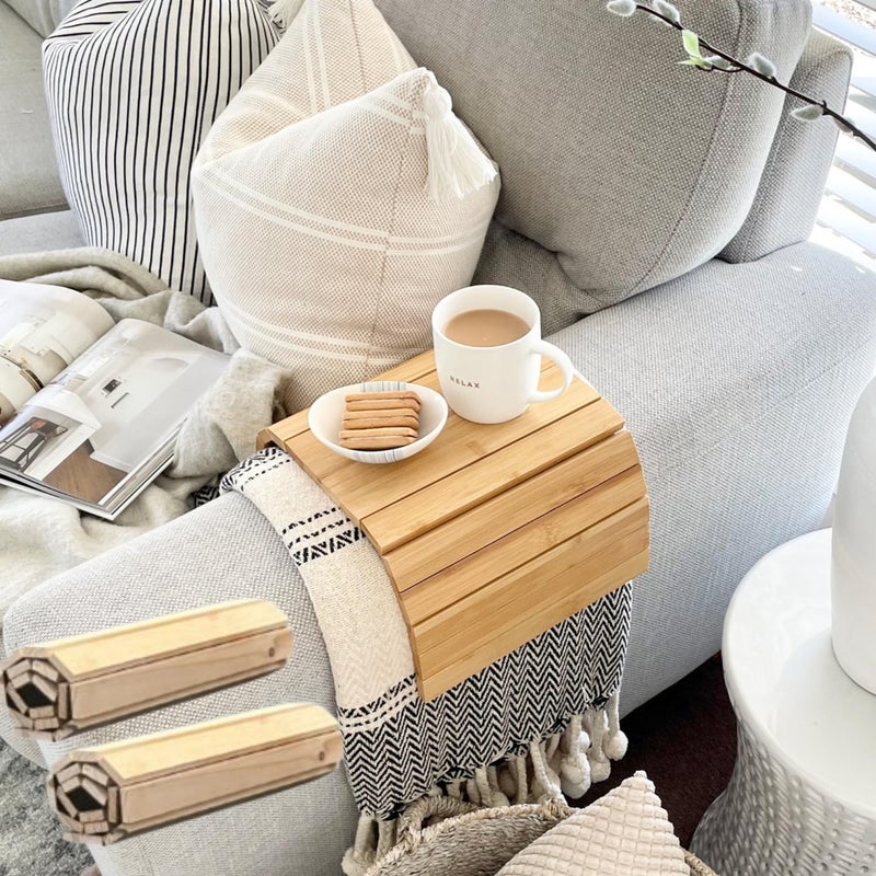 TVM Pine Wood Rectangular Sofa Armrest Tray|Flexible & Foldable|Brown|Table Mat|Suitable for Food/Drinks/Snacks/Cup Coaster|40L x 27W x 1H cms - Image 1