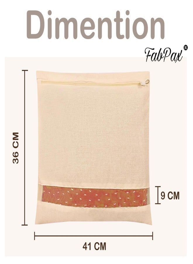 FabPax Set of - 12 Cotton Saree Bags/Covers For Storage, Single Saree Cover With Zip Closure, Bags For Clothes, Wardrobe Organizer With Transparent Mesh Window, Beige Colour (16 X 14 Inches) - Image 2