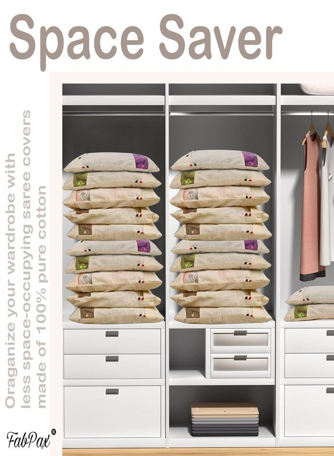 FabPax Set of - 12 Cotton Saree Bags/Covers For Storage, Single Saree Cover With Zip Closure, Bags For Clothes, Wardrobe Organizer With Transparent Mesh Window, Beige Colour (16 X 14 Inches) - Image 5