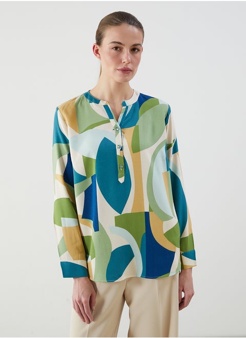 Notch Neck Patterned Blouse