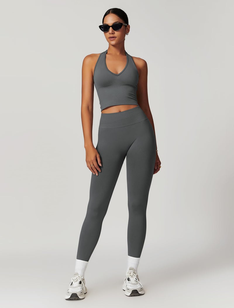 ABOCIW Workout Sets for Women 2 Piece Seamless V Neck Halter Tank Top with Bra Scrunch Butt Lifting High Waist Leggings Gym Sets Work Out Clothes Grey Medium - Image 2
