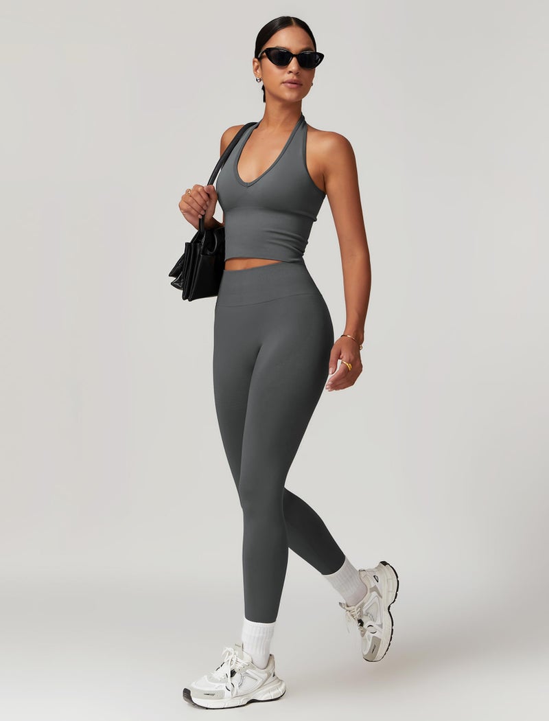 ABOCIW Workout Sets for Women 2 Piece Seamless V Neck Halter Tank Top with Bra Scrunch Butt Lifting High Waist Leggings Gym Sets Work Out Clothes Grey Medium - Image 4