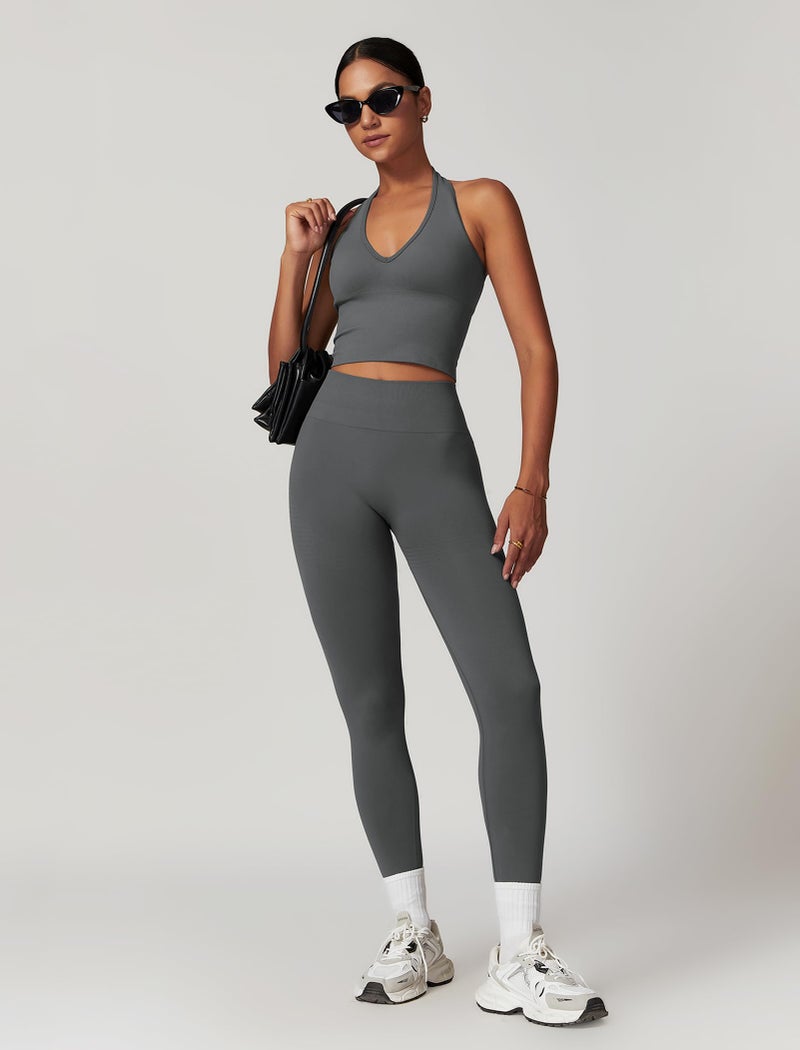 ABOCIW Workout Sets for Women 2 Piece Seamless V Neck Halter Tank Top with Bra Scrunch Butt Lifting High Waist Leggings Gym Sets Work Out Clothes Grey Medium - Image 5