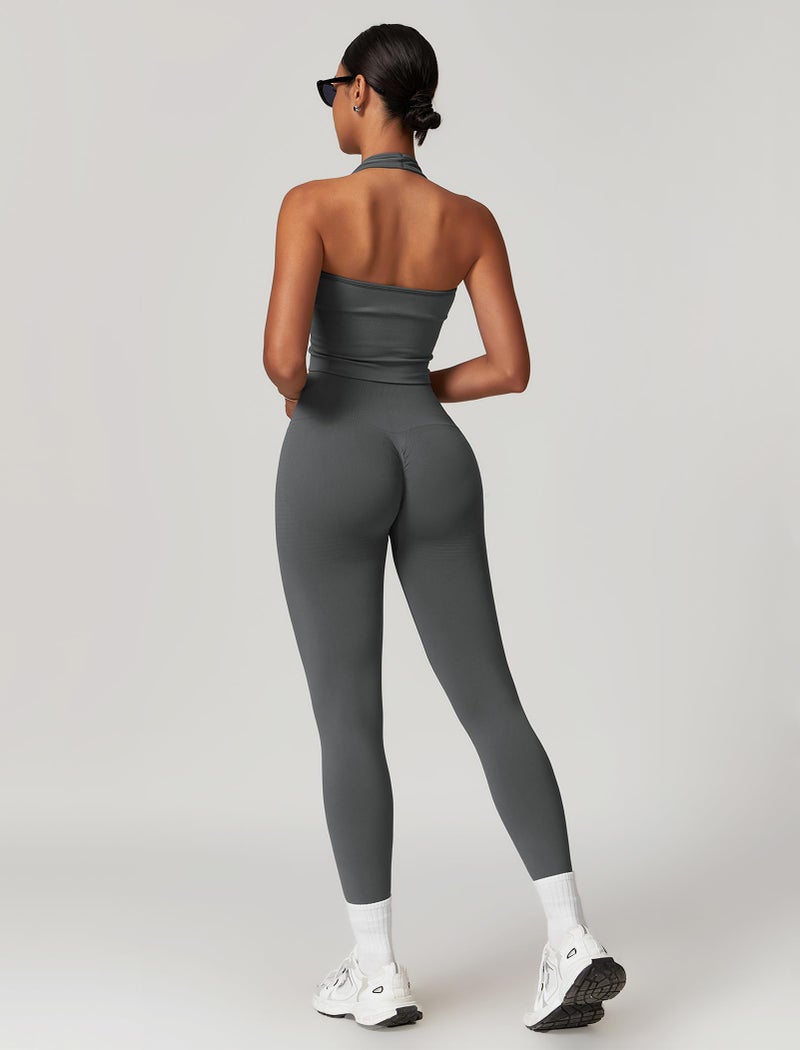 ABOCIW Workout Sets for Women 2 Piece Seamless V Neck Halter Tank Top with Bra Scrunch Butt Lifting High Waist Leggings Gym Sets Work Out Clothes Grey Medium - Image 3