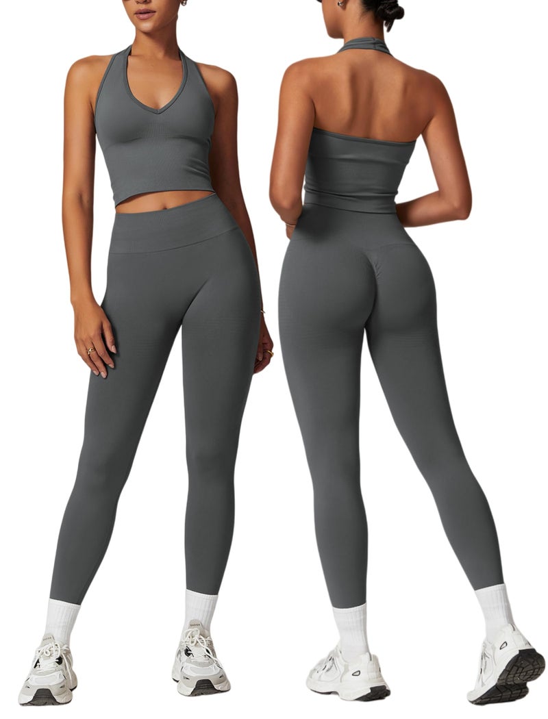 ABOCIW Workout Sets for Women 2 Piece Seamless V Neck Halter Tank Top with Bra Scrunch Butt Lifting High Waist Leggings Gym Sets Work Out Clothes Grey Medium - Image 1