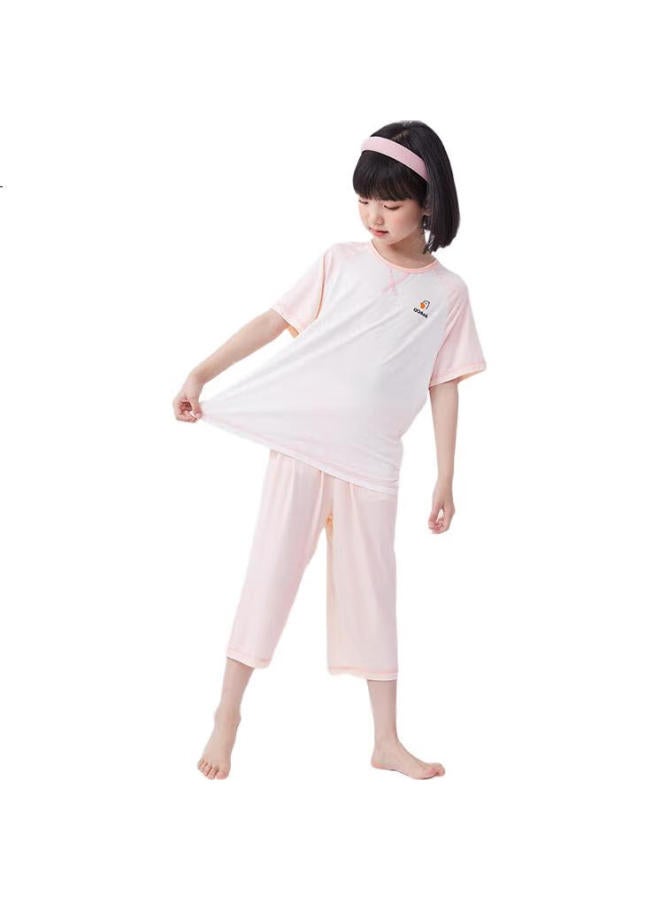Qq Duck Children'S Home Wear Set, Boys' And Girls' Loungewear, Antibacterial And Mosquito-Repellent, Air Conditioning Wear, Contrasting Light Pink; 130 - Image 1