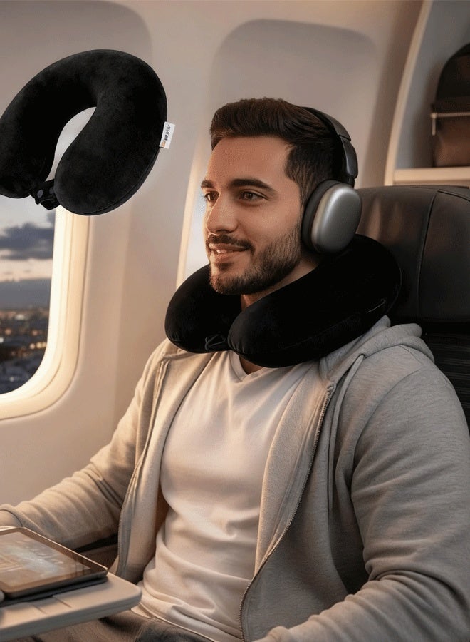 شو وو وسادة سفر على شكل حرف U مصنوعة من إسفنج الذاكرة النقي بنسبة 100%، وسادة سفر ناعمة للرقبة، وسادة سفر للطائرة مع دعم للرأس بزاوية 360 درجة، وسادة سفر خفيفة الوزن، وسادة طائرة للسفر والسيارة والمنزل والمكتب، غطاء قابل للغسل (أسود) - Image 1