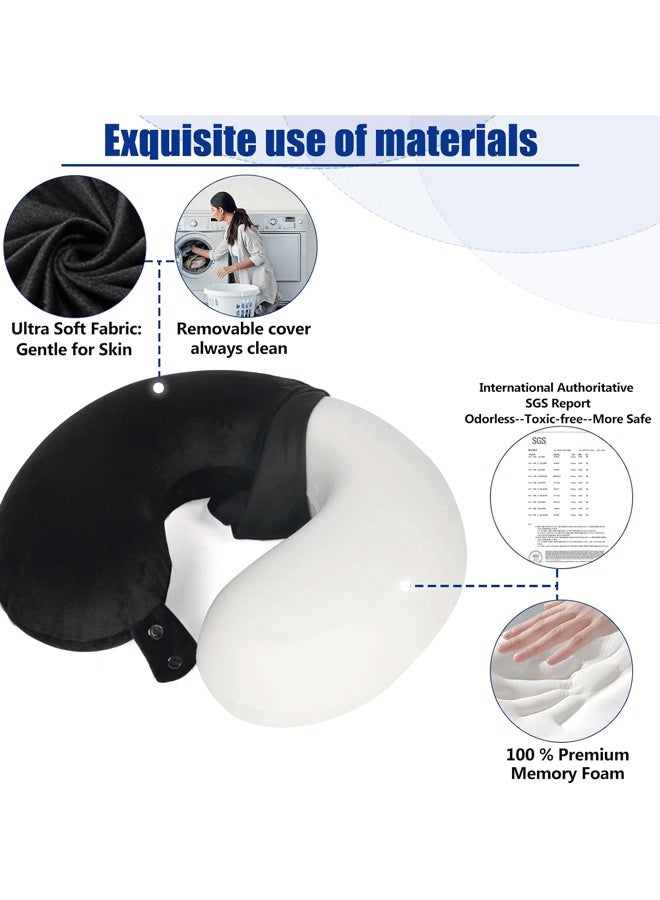 شو وو وسادة سفر على شكل حرف U مصنوعة من إسفنج الذاكرة النقي بنسبة 100%، وسادة سفر ناعمة للرقبة، وسادة سفر للطائرة مع دعم للرأس بزاوية 360 درجة، وسادة سفر خفيفة الوزن، وسادة طائرة للسفر والسيارة والمنزل والمكتب، غطاء قابل للغسل (أسود) - Image 4