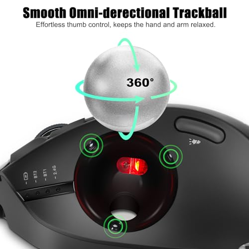 TRELC Wireless Trackball Mouse Ergonomic Rollerball Mouse with 4800 DPI7 Programmable Buttons Thumb Control Mice Rechargeable Optical Mouse for 3 Devices for Windows PC Laptop Tablet Black - Image 3