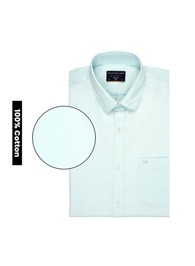 Peter England Men's Slim Fit Full Sleeve Cotton Solid Casual Shirt with Pocket Aqua - Image 5