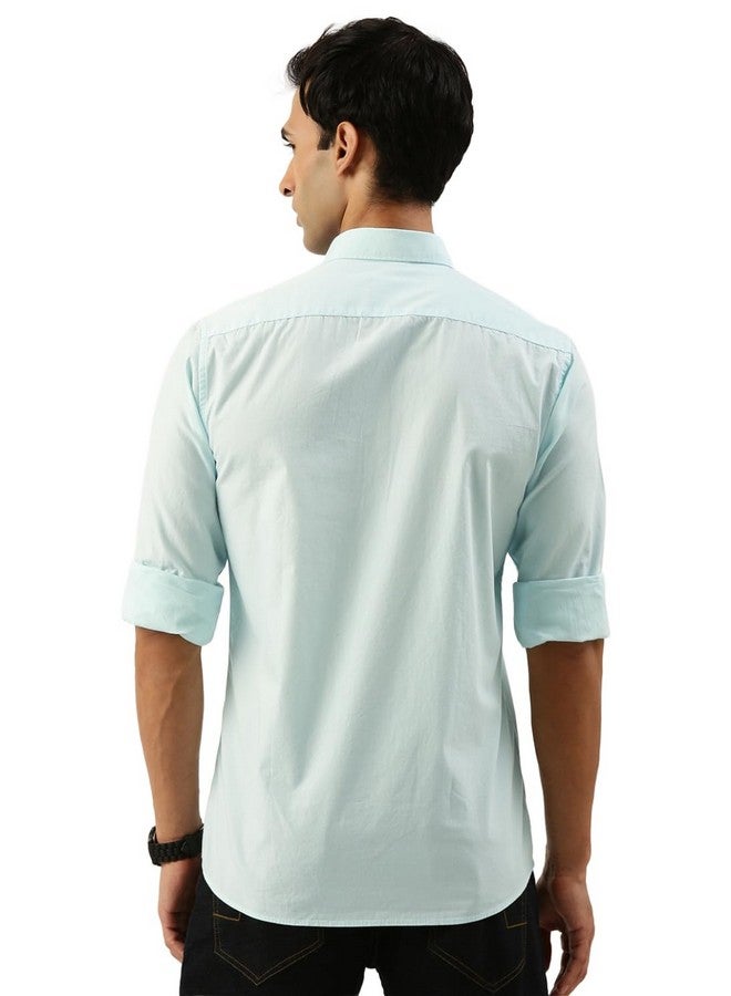 Peter England Men's Slim Fit Full Sleeve Cotton Solid Casual Shirt with Pocket Aqua - Image 2