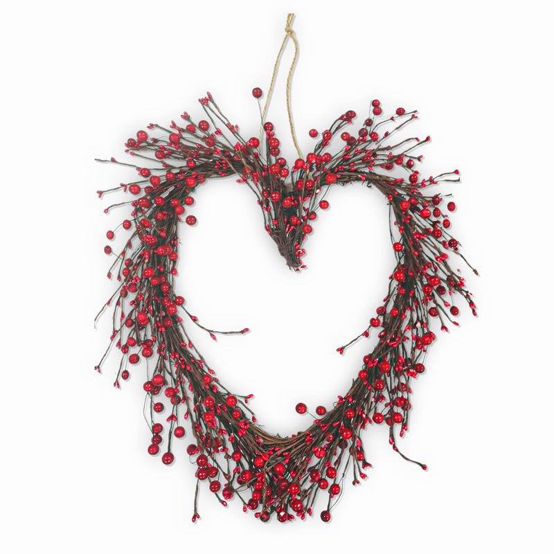 4Es Novelty 15 Valentines Day Wreaths for Front Door  Heart Grapevine Wreath with Red Berries Romantic Valentine Wreath for Door IndoorOutdoor Rustic Heart Wreath for Door Decor