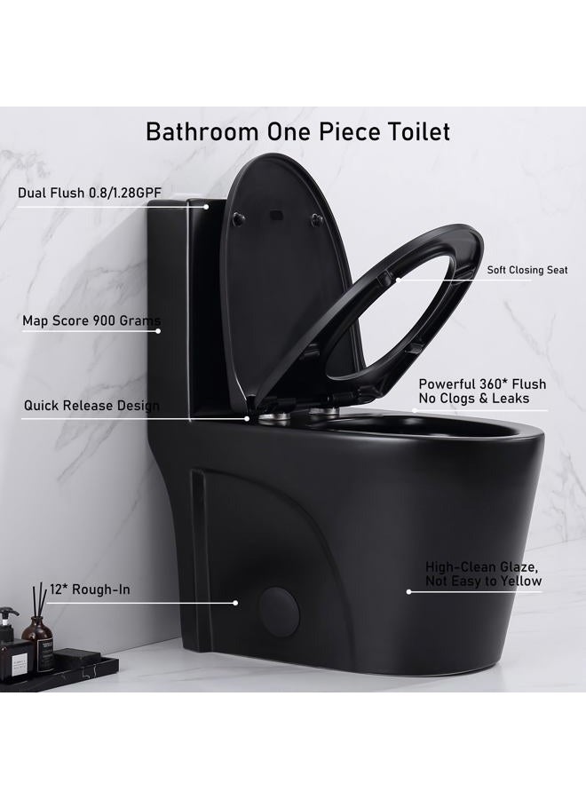 Clovis One Piece Toilet, Elongated One-Piece Toilet for Bathrooms, Dual Power Flush Toilet 1.1/1.6 GPF and MAP 900g, Soft Close, Durable Ceramic, Easy-to-Clean Surface (Black) - Image 2