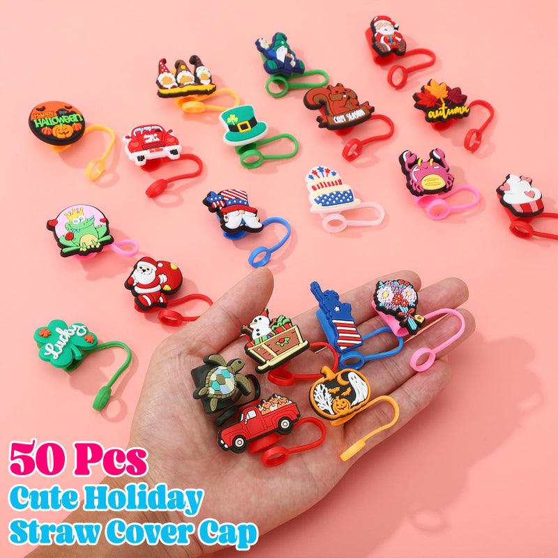 Ovveroche 50 Pcs Holiday Straw Toppers Compatible with Stanley Cup Silicone Cute Straw Cover Cap for Christmas Halloween Easter Independence Day St Patrick's Day 10mm - Image 4