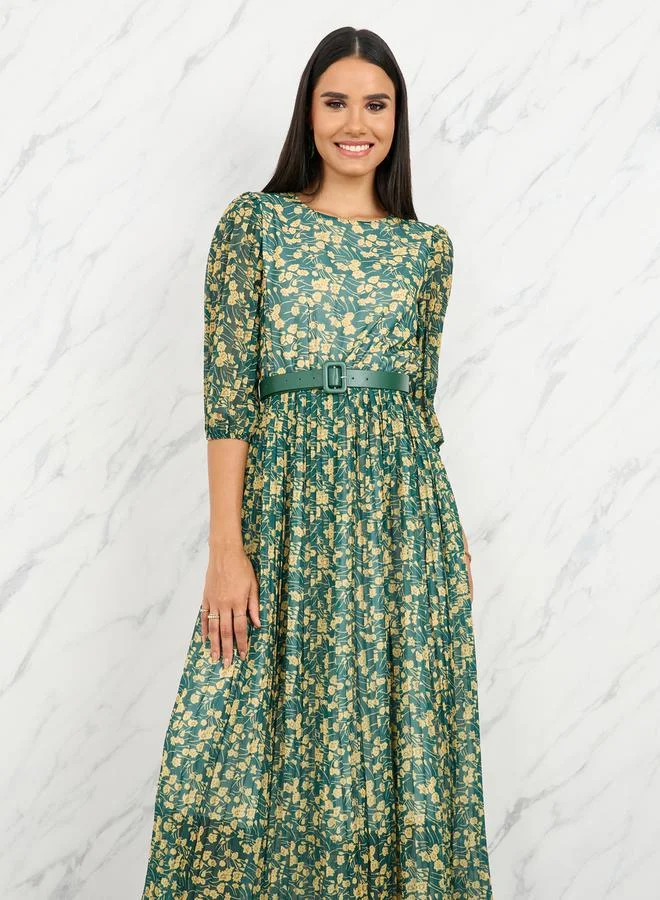 تايك تو Floral Print Pleated Detail Belted A-Line Midi Dress