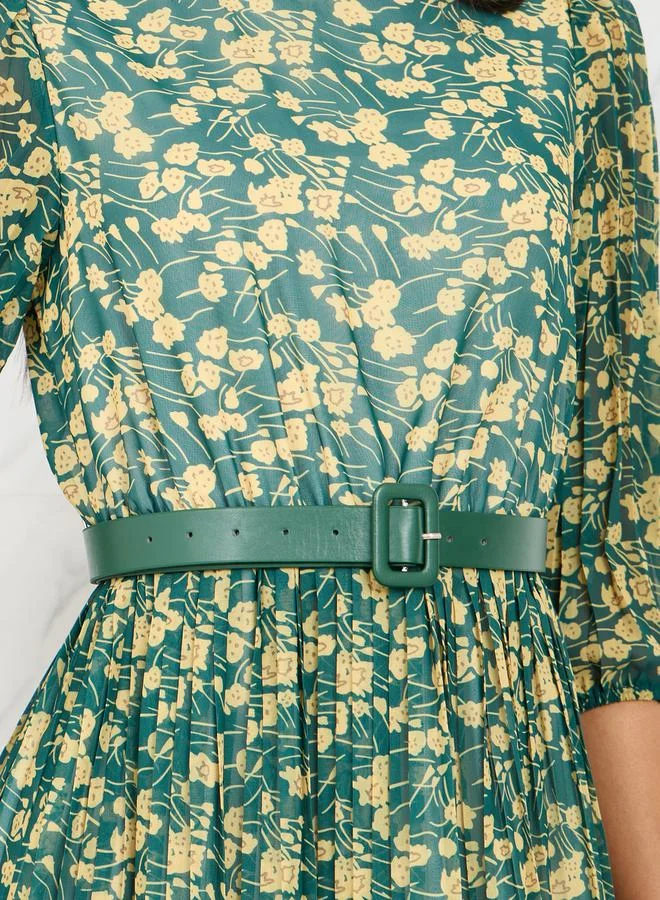 تايك تو Floral Print Pleated Detail Belted A-Line Midi Dress