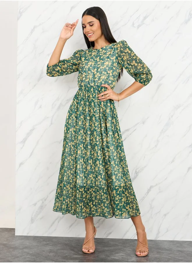 ستايلي Floral Print Pleated Detail Belted A-Line Midi Dress