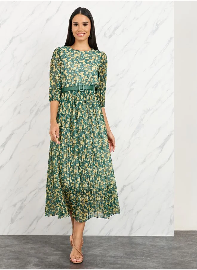 ستايلي Floral Print Pleated Detail Belted A-Line Midi Dress