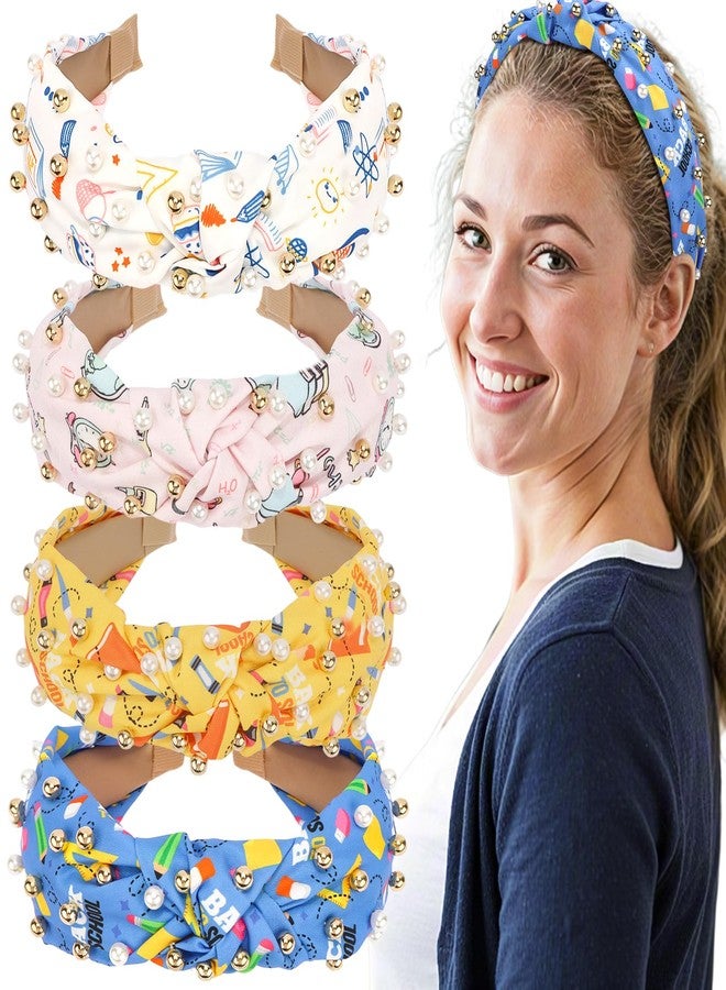 Hapdoo 4pcs Teacher Jeweled Knotted Headband - Back To School Gift Book Pencil Beaded Pearl Embellished Headband Top Knot Hair Accessories Teacher Appreciation Birthday for Women Girls - Image 1