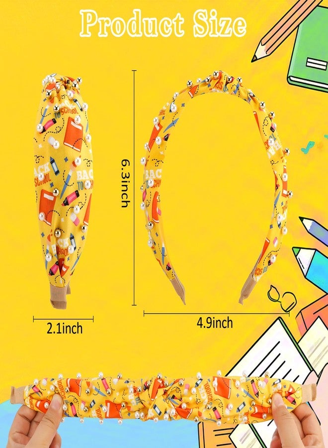 Hapdoo 4pcs Teacher Jeweled Knotted Headband - Back To School Gift Book Pencil Beaded Pearl Embellished Headband Top Knot Hair Accessories Teacher Appreciation Birthday for Women Girls - Image 2