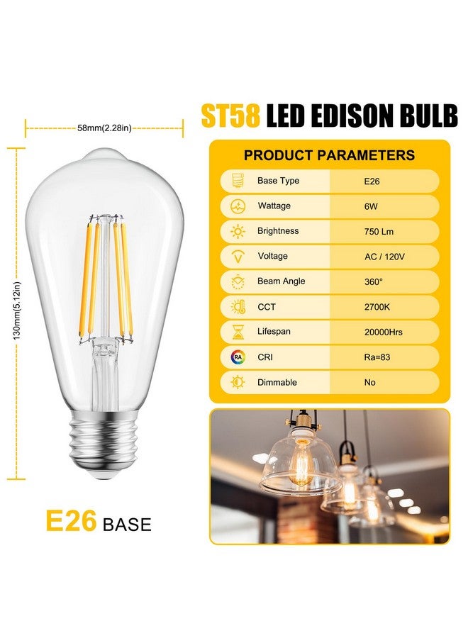 Brightown 6 Pack LED Edison Light Bulbs, 6W, Equivalent 60W, High Bright 2700K Warm White,750 Lumens, Non-Dimmable, E26 Base ST58 Antique Filament Bulbs with 80+ CRI for Ceiling Fan Bathroom Porch - Image 1
