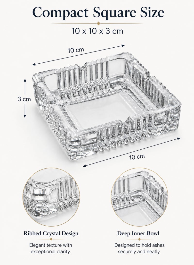 MOMENT Square Glass Ashtray – Crystal Clear Ribbed Design, Heavy Duty Ashtray for Home, Office & Outdoor Use (10x10x3cm) - Image 2