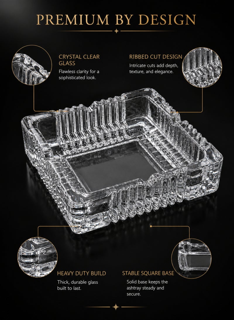 MOMENT Square Glass Ashtray – Crystal Clear Ribbed Design, Heavy Duty Ashtray for Home, Office & Outdoor Use (10x10x3cm) - Image 3