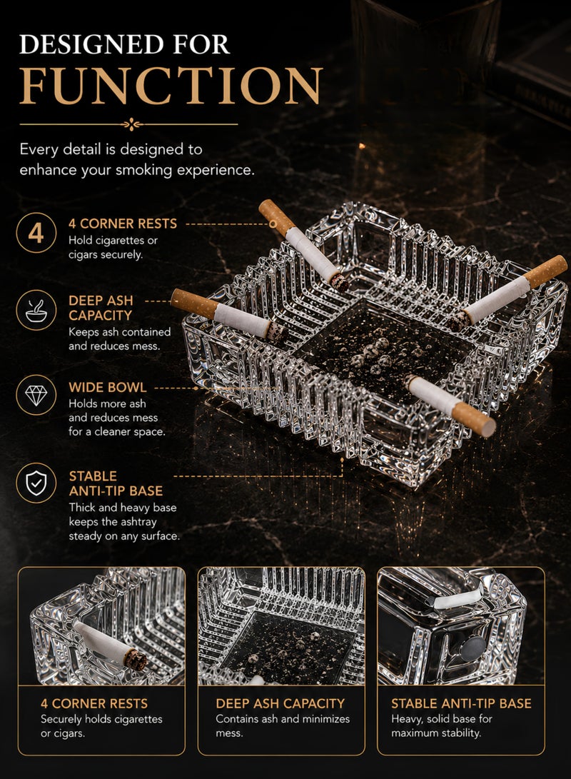 MOMENT Square Glass Ashtray – Crystal Clear Ribbed Design, Heavy Duty Ashtray for Home, Office & Outdoor Use (10x10x3cm) - Image 4