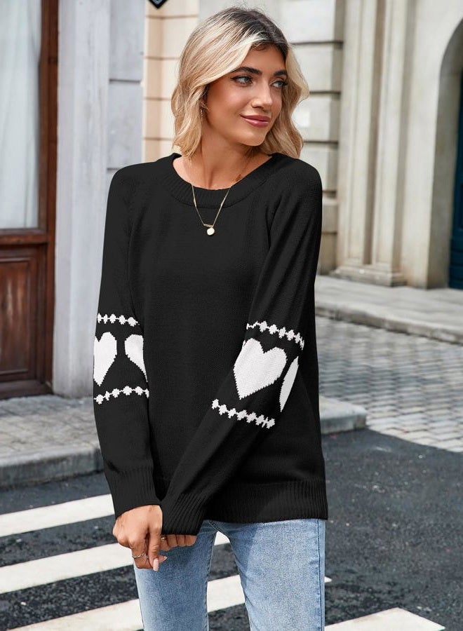 shermie Women's Cute Heart Pattern Elbow Patchwork Knitted Sweaters Long Sleeve Crew Neck Casual Pullover, G-80 Black, M - Image 2