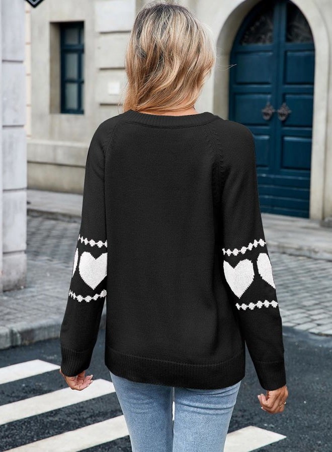 shermie Women's Cute Heart Pattern Elbow Patchwork Knitted Sweaters Long Sleeve Crew Neck Casual Pullover, G-80 Black, M - Image 4