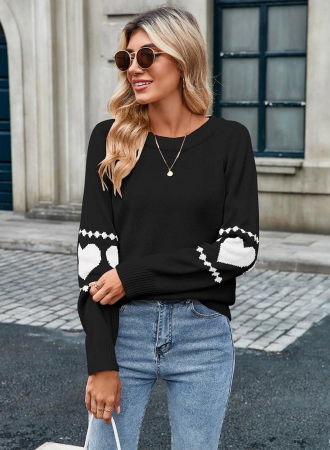 shermie Women's Cute Heart Pattern Elbow Patchwork Knitted Sweaters Long Sleeve Crew Neck Casual Pullover, G-80 Black, M - Image 3